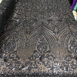 Black - Diamond Geometric Sequin On A Stretch Mesh Fabric ( By The Yard)