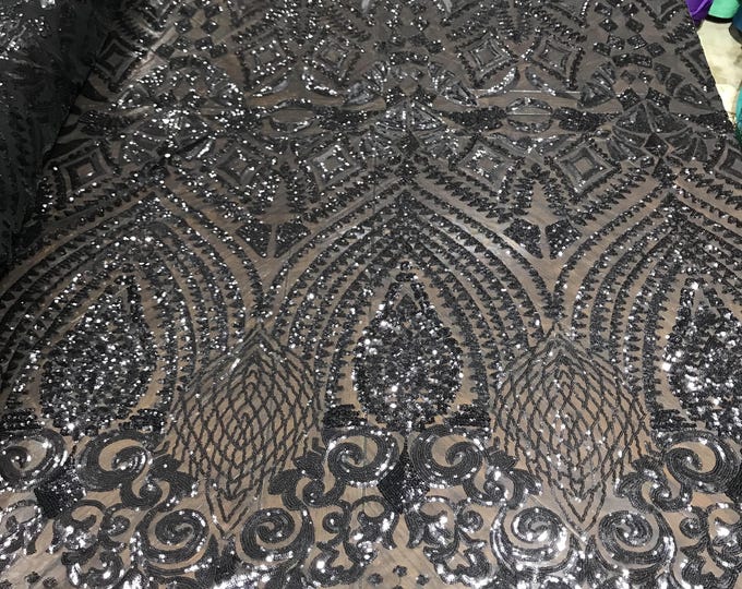 Black - Diamond Geometric Sequin On A Stretch Mesh Fabric ( By The Yard)