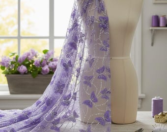Lilac 3D Butterfly Lace Fabric with Beaded Embroidery, Sold by the Yard