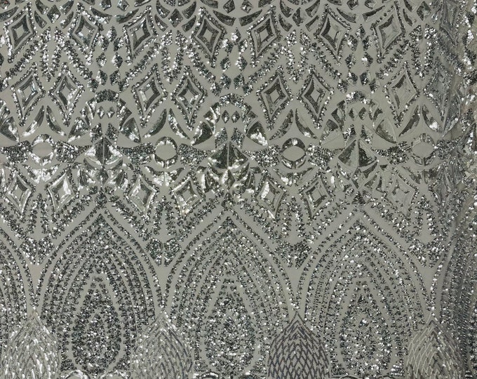 Silver shiny diamond design with sequins on a Silver 4 way stretch mesh-prom-nightgown-sold by the yard-free shipping in the USA.