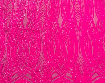 Hot Pink Feather damask glossy sequin design on a 4 way stretch mesh-prom-sold by the yard.