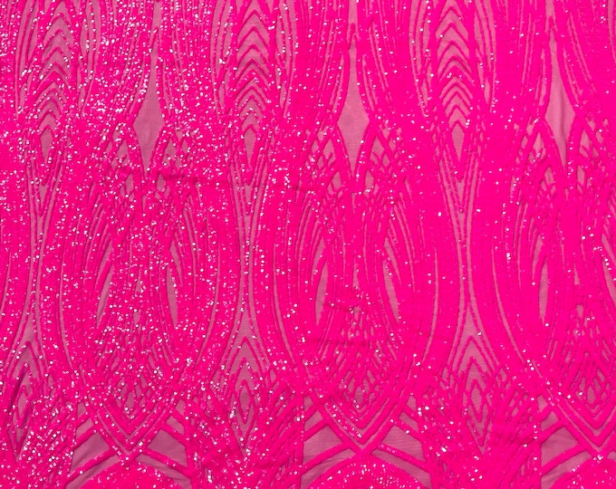 Hot Pink Feather damask glossy sequin design on a 4 way stretch mesh-prom-sold by the yard.