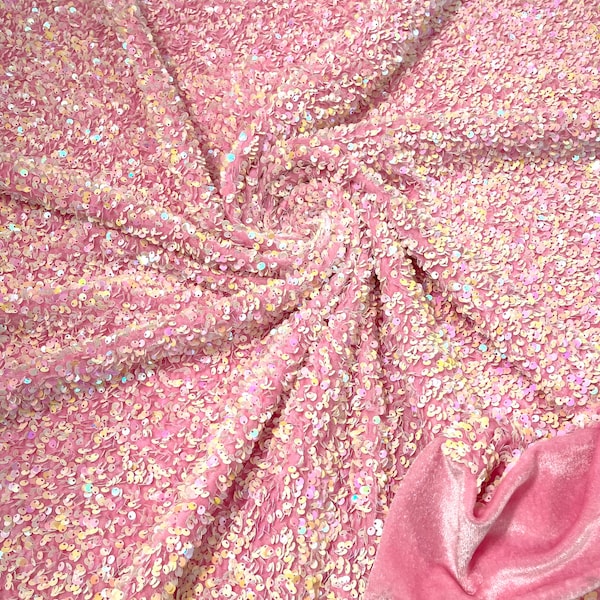 Pearl pink Iridescent On light pink stretch velvet with luxury sequins all over 5mm shining sequins 2-way stretch, sold by the yard.