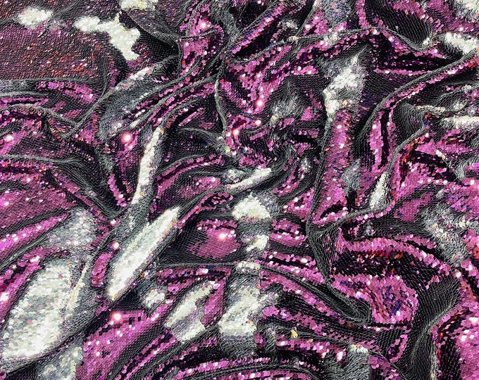 Plum Silver Reversible Color Changing Sequin Fabric| 54" Wide| Stretch Polyester Spandex.