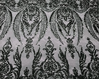 Hunter green princess design embroidery with sequins on a 4 way Stretch Mesh-dresses-prom-nightgown-fashion-apparel-sold by the yard.