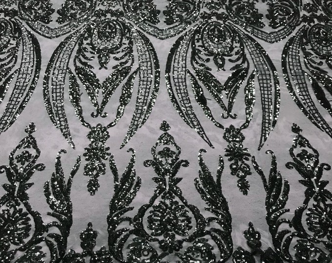 Hunter green princess design embroidery with sequins on a 4 way Stretch Mesh-dresses-prom-nightgown-fashion-apparel-sold by the yard.