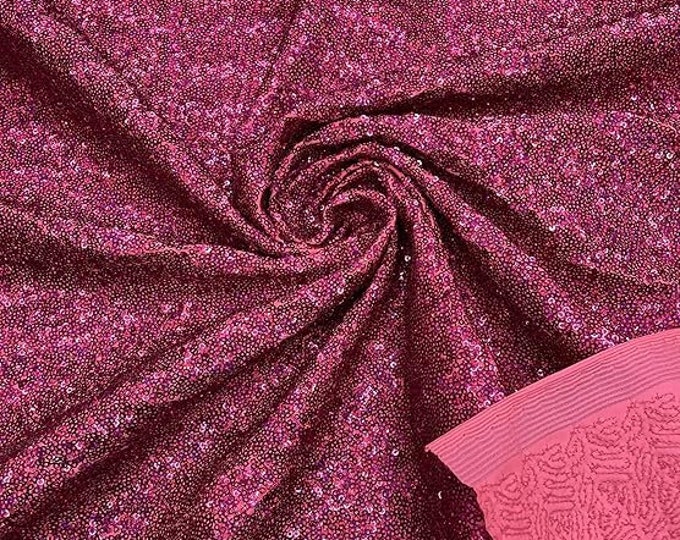 Fuchsia Hologram - Mini Glitz Sequins on a 4 Way Stretch Spandex Fabric- Sold by The Yard.