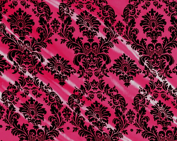 Fuchsia - Flocked Damask Taffeta Fabric - Sold By The Yard.