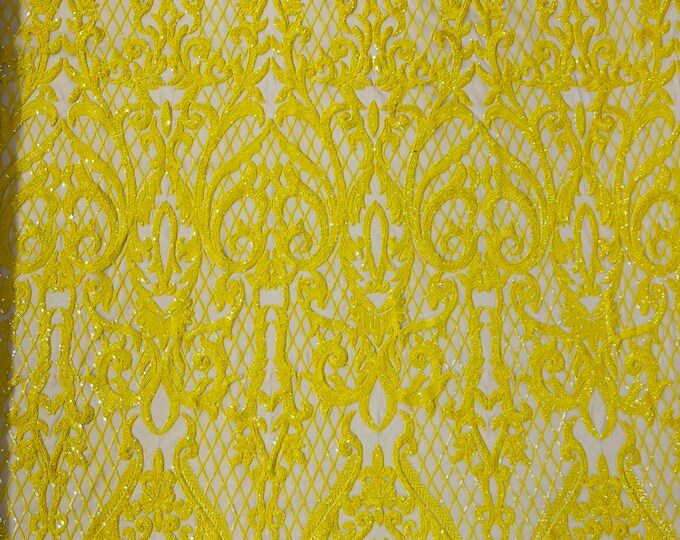 Yellow shiny Heart Damask sequin design on a Nude 4 way stretch mesh fabric-prom-sold by the yard.