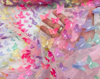Rainbow 3D butterfly metallic design embroider on a mesh fabric - Sold By the Yard .