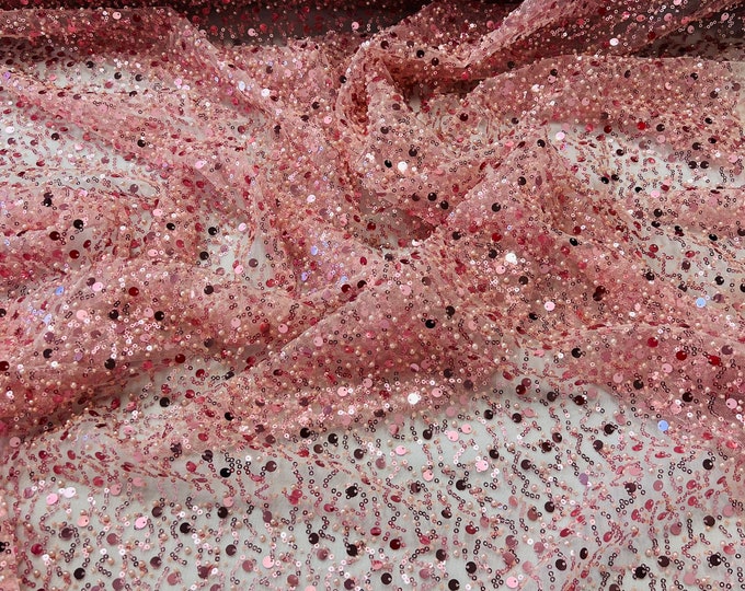 Dusty rose  heavy hand beaded princess design embroider with beads-pearls-sequins on a mesh lace-sold by yard.