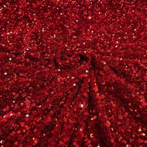 Dark Red stretch velvet with luxury sequins all over 5mm shining sequins 2-way stretch, sold by the yard.