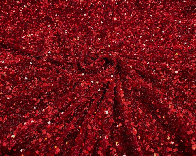 Dark Red stretch velvet with luxury sequins all over 5mm shining sequins 2-way stretch, sold by the yard.