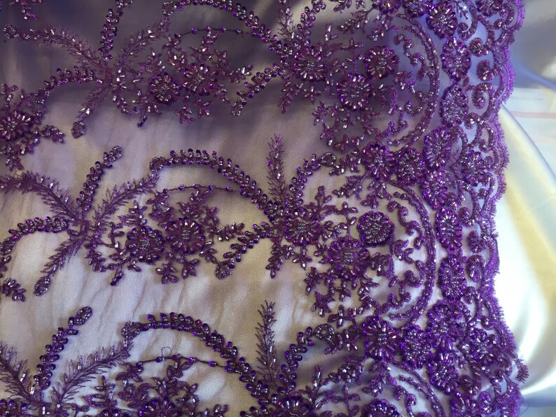 Purple flower burst design embroider on a mesh lace with glass beads-wedding-bridal-prom-nightgown fabric-dresses-sold by the yard-