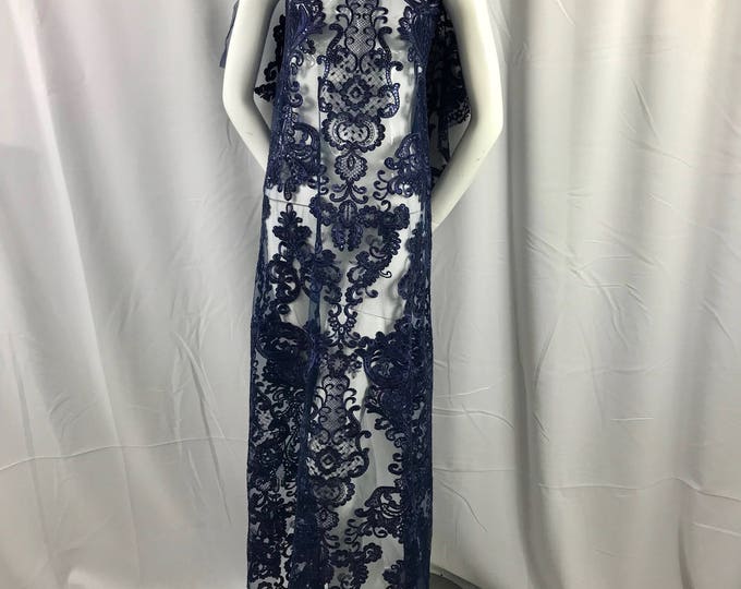 Navy Blue Damask pattern Embroidery With shiny sequins and Corded on a mesh lace-apparel-fashion-decorations-dresses-sold by the yard.