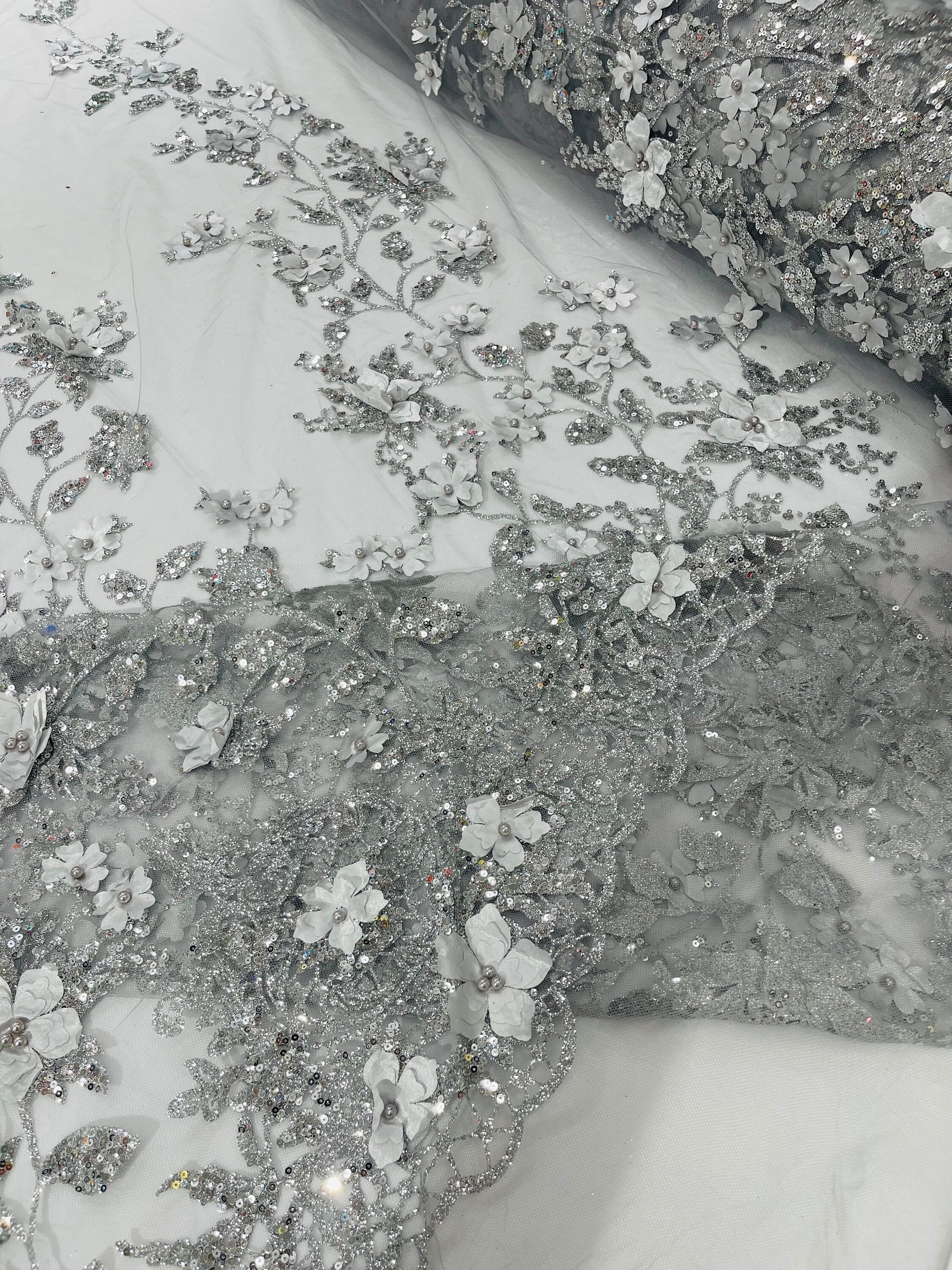 Silver 3D Princess Satin Flower Glitter Sequin Lace Fabric 54" Wide ...