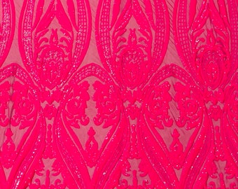 Hot Pink empire design embroider with glossy sequins on a 4 way stretch mesh--sold by the yard.NEW!