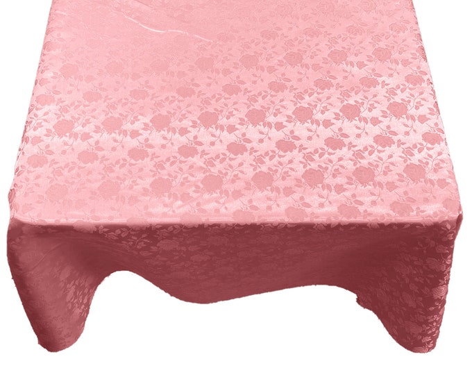 Pink Roses Jacquard Satin Rectangular Tablecloth Seamless/Party Supply.