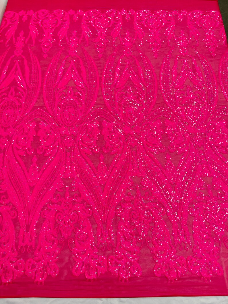 Empire Damask Design with Sequins Embroider On A 4 Way Stretch Mesh Fabric (1 Yard, Turquoise Hologram)