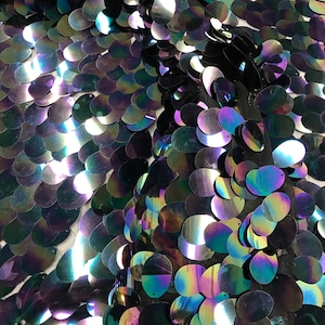 Black hologram iridescent mermaid fish scales on a black mesh-sequins-prom-decorations-nightgown-dresses-sold by the yard.