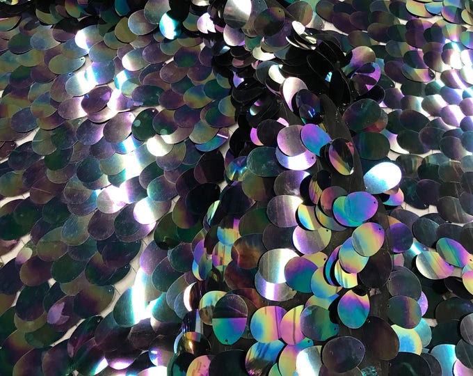 Black hologram iridescent mermaid fish scales on a black mesh-sequins-prom-decorations-nightgown-dresses-sold by the yard.