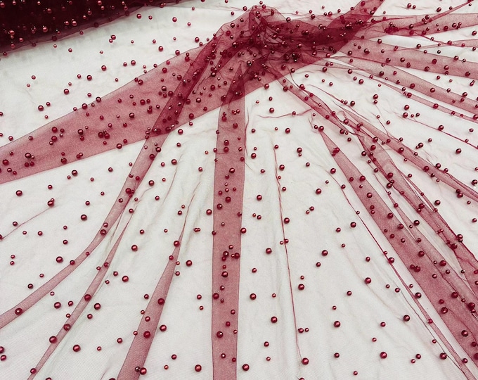 Burgundy Heavy Scattered Pearls Studded Mesh, 2-Way Stretch, sold by the yard.