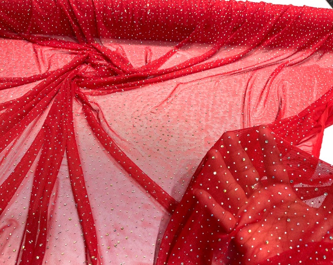 Red Sheer All Over AB Rhinestones On Stretch Power Mesh Fabric, Sold by The Yard.