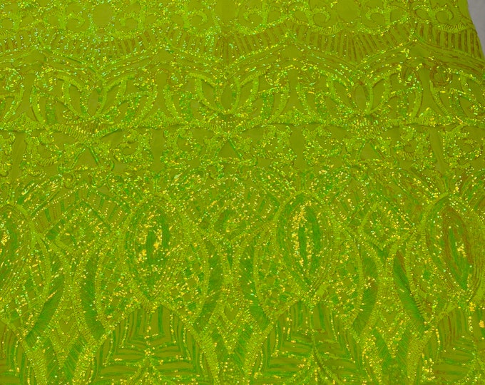 Neon lime green royalty sequin design on a 4 way stretch mesh-prom-nightgown-sold by the yard.