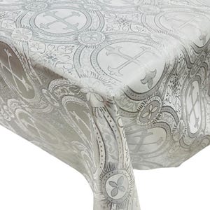 White/Silver - Square Metallic Cross Brocade Jacquard Satin Table Overlay/Religious Brocade/Liturgical Fabric/Church.