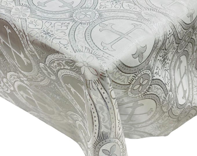 White/Silver - Square Metallic Cross Brocade Jacquard Satin Table Overlay/Religious Brocade/Liturgical Fabric/Church.