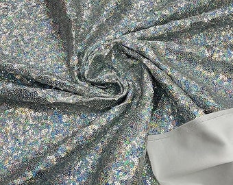 Silver Hologram - Mini Glitz Sequins on a 4 Way Stretch Spandex Fabric- Sold by The Yard.
