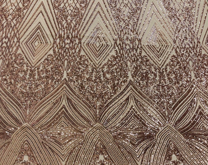 Rose Gold geometric diamond design with shiny sequins on a nude 4 way stretch mesh fabric- sold by the yard.