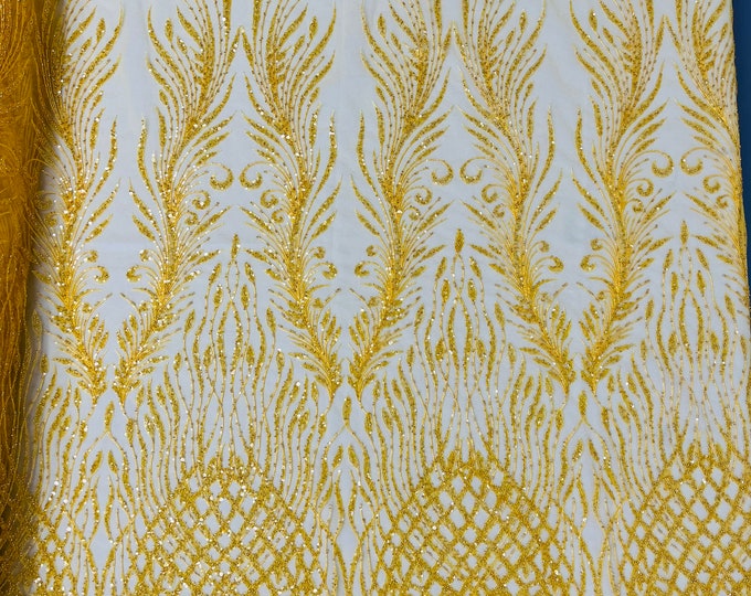 Dark Yellow feathers damask embroider and heavy beaded on a mesh lace fabric-sold by the yard-