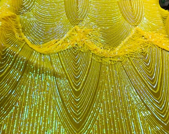 NEW!! Neon yellow iridescent fringe sequins design on a 4 way stretch mesh fabric-prom-nightgown-sold by the yard-free shipping in the USA-