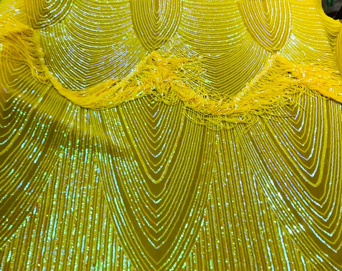 NEW!! Neon yellow iridescent fringe sequins design on a 4 way stretch mesh fabric-prom-nightgown-sold by the yard-free shipping in the USA-