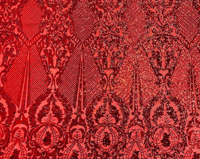 Red shiny sequin damask design on a 4 way stretch mesh-sold by the yard.