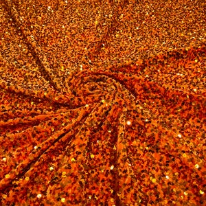 Orange stretch velvet with luxury sequins all over 5mm shining sequins 2-way stretch, sold by the yard.