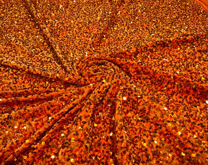 Orange stretch velvet with luxury sequins all over 5mm shining sequins 2-way stretch, sold by the yard.