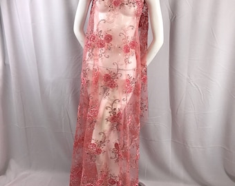 Peach/coral 3d flowers embroider with sequins on a nude mesh lace. Wedding/bridal/prom/nightgown fabric-dresses-fashion-Sold by the yard.