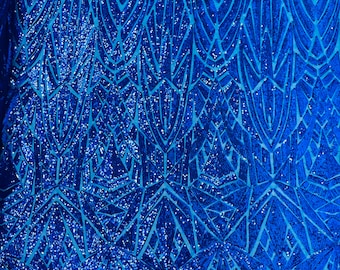 Royal Geometric shiny sequin design on a 4 way stretch mesh-sold by the yard.