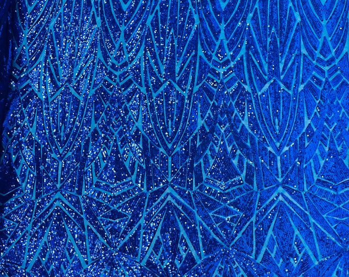 Royal Geometric shiny sequin design on a 4 way stretch mesh-sold by the yard.