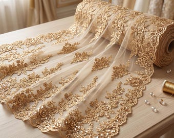 Champagne Perlen-Blumen-Mesh-Spitze-Gewebe Schüttware, gestickte Brautspitze für Hochzeitskleider, Abschlussball-Kleider & Couture-Mode
