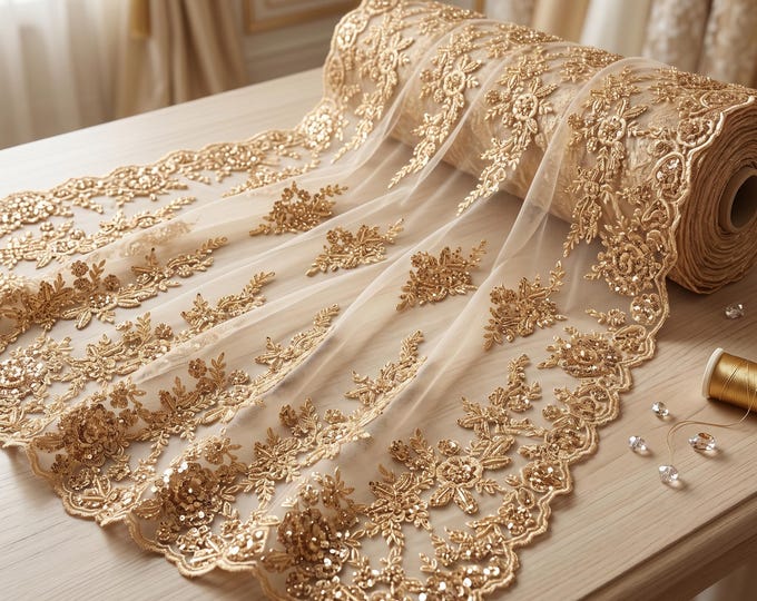 Champagne Beaded Floral Mesh Lace Fabric By The Yard, Embroidered Bridal Lace For Wedding Dresses, Prom Gowns & Couture Fashion