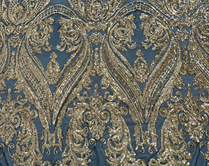 Gold Damask Sequined Fabric| 54" Wide Black 4-Way Stretch Mesh.