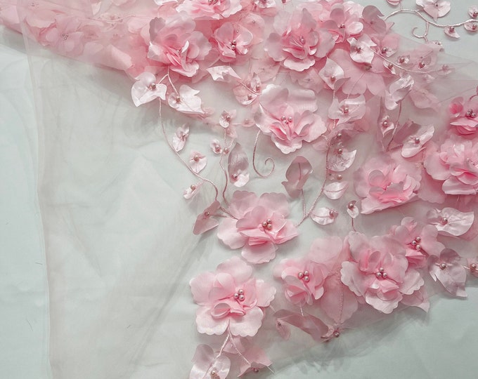 Pink Orquidia 3d floral design embroider with pearls in a mesh lace fabric-dresses-fashion-decorations-prom-sold by the yard.