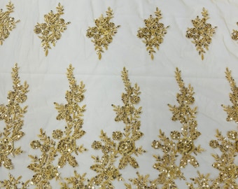 Gold floral design embroider and beaded on a mesh lace fabric-Wedding/Bridal/Prom/Nightgown fabric.