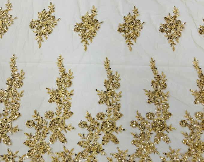 Gold floral design embroider and beaded on a mesh lace fabric-Wedding/Bridal/Prom/Nightgown fabric.