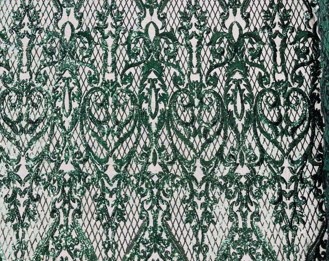 Hunter Green shiny Heart Damask sequin design on a 4 way stretch mesh fabric-prom-sold by the yard.