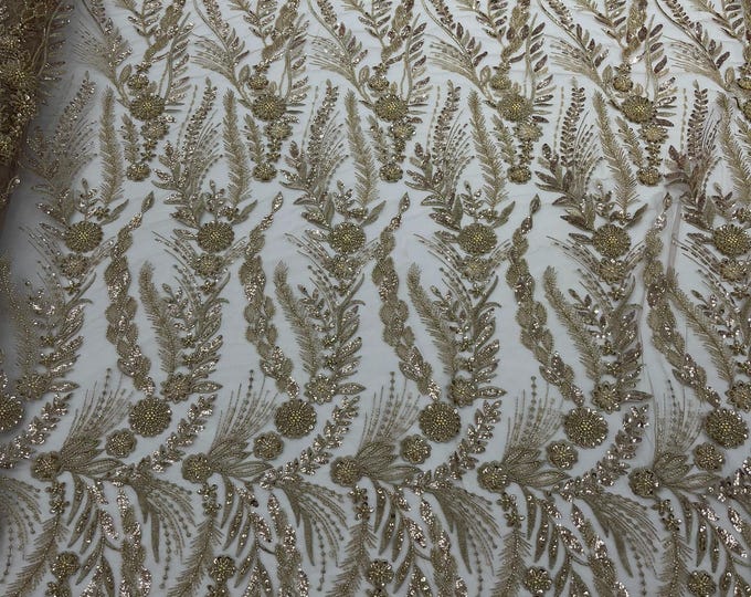 Champagne - Feather and Vine Beaded Lace Fabric, by The Yard.