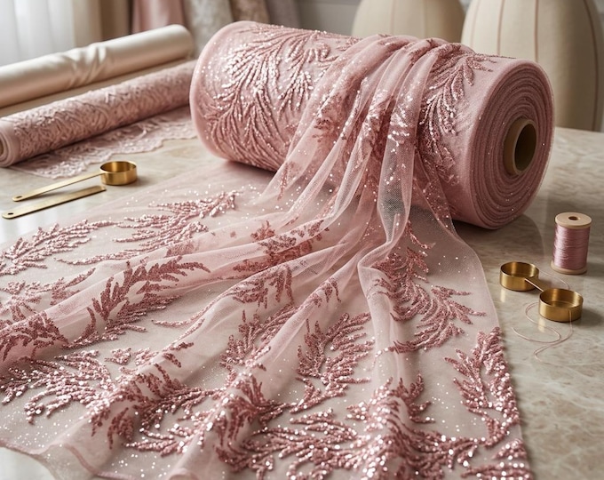 Dusty Pink Beaded Glitter Mesh Lace Fabric By The Yard, Embroidered Sequin Bridal Prom Wedding Dress Lace